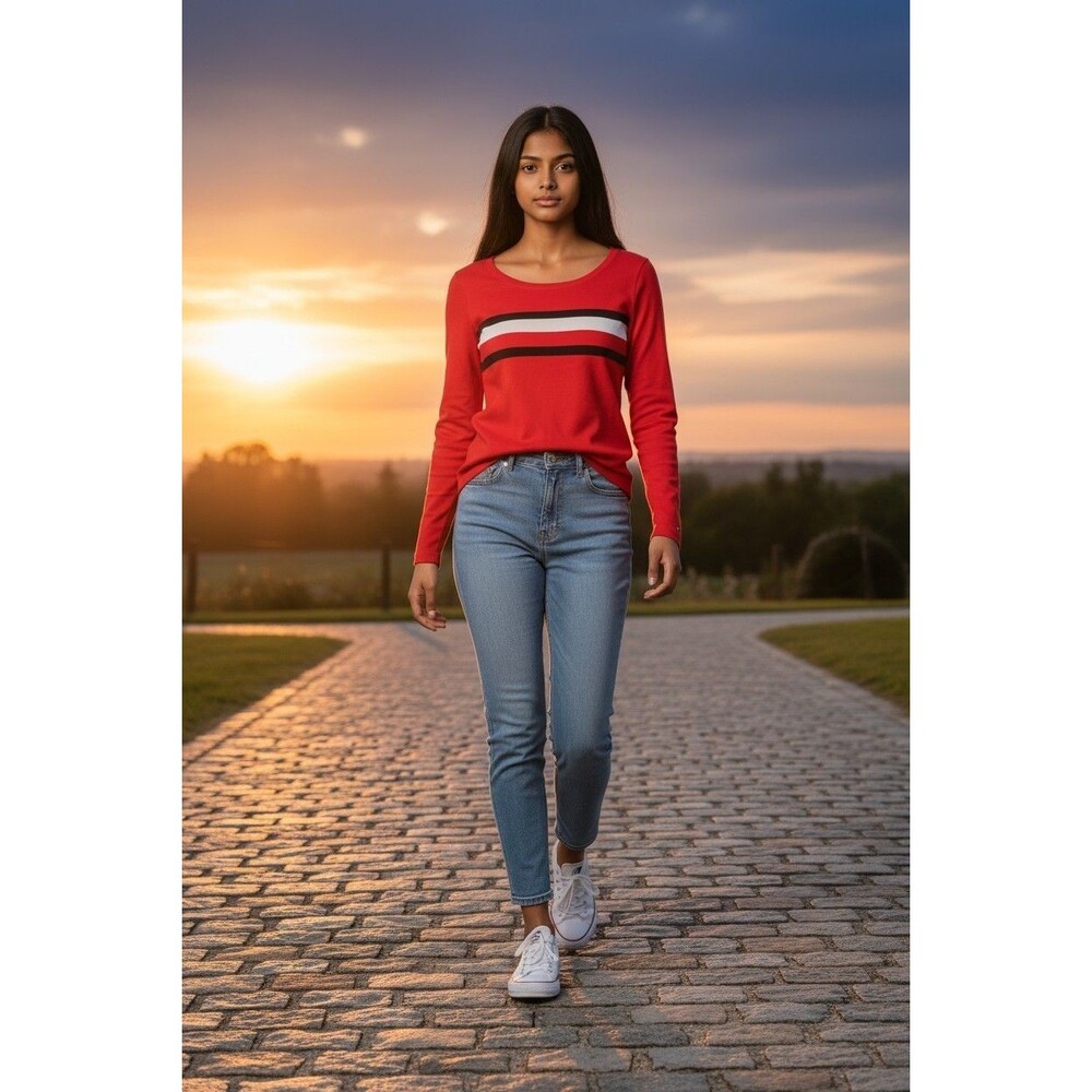 Tommy Hilfiger Womens Knit Top Red White and Blue Pullover Long Sleeves NWT